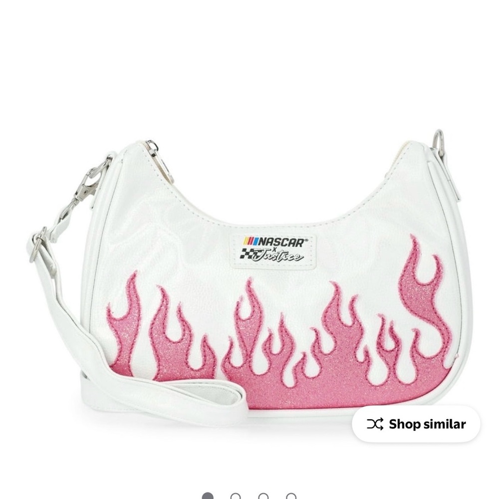 Nascar White Shoulder Bag with Pink Flame Appliqué